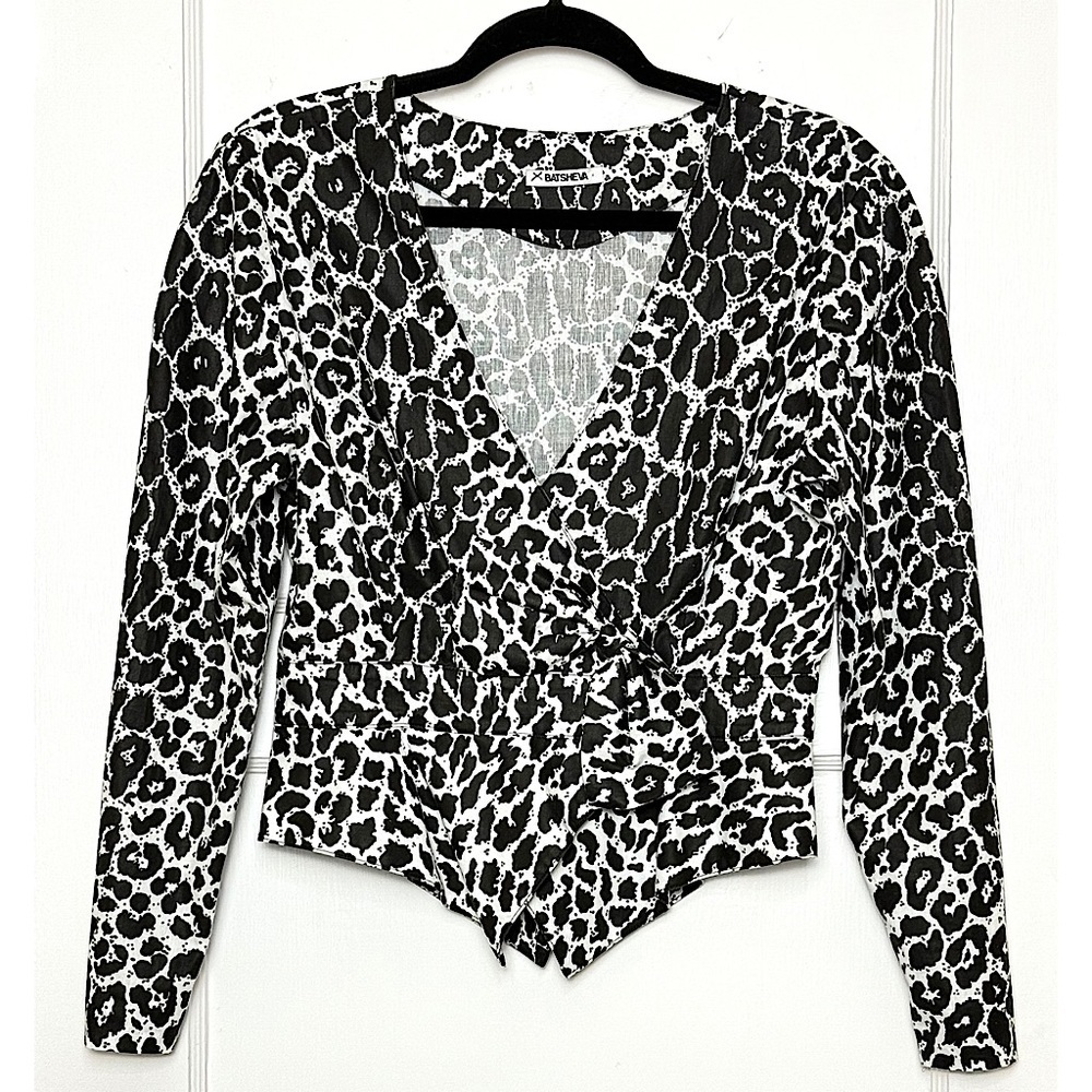 BATSHEVA Snow Leopard Print Tailored‎ Long Sleeve V-Neck Faux Wrap Peplum Top 4